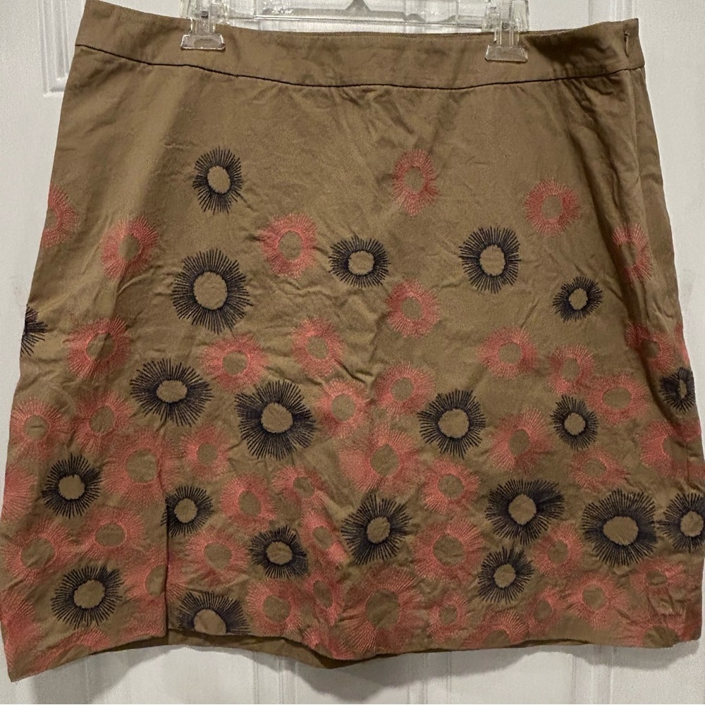 Boden Stitch Burst Embroidered A-Line Skirt 100% cotton Lined Khaki Boho Sz 16
